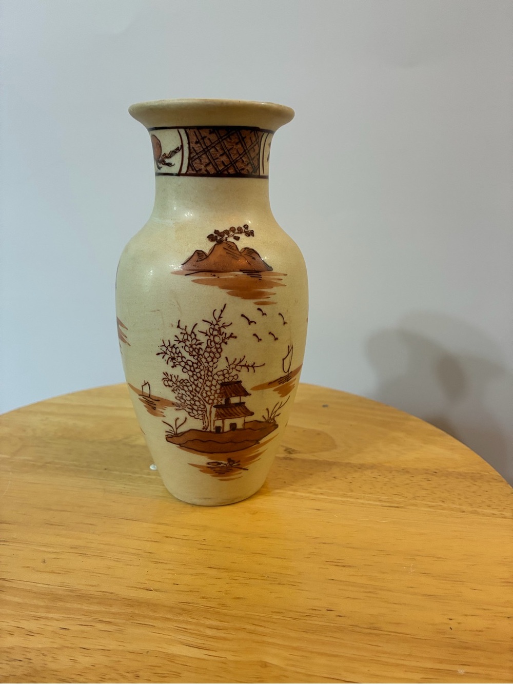 Vintage Asian Style Cream Ceramic Vase with Brown Scenic Motif